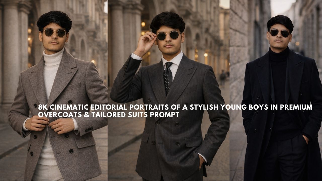 8K Cinematic Editorial Portraits of a Stylish Young Boys in Premium Overcoats & Tailored Suits Prompt