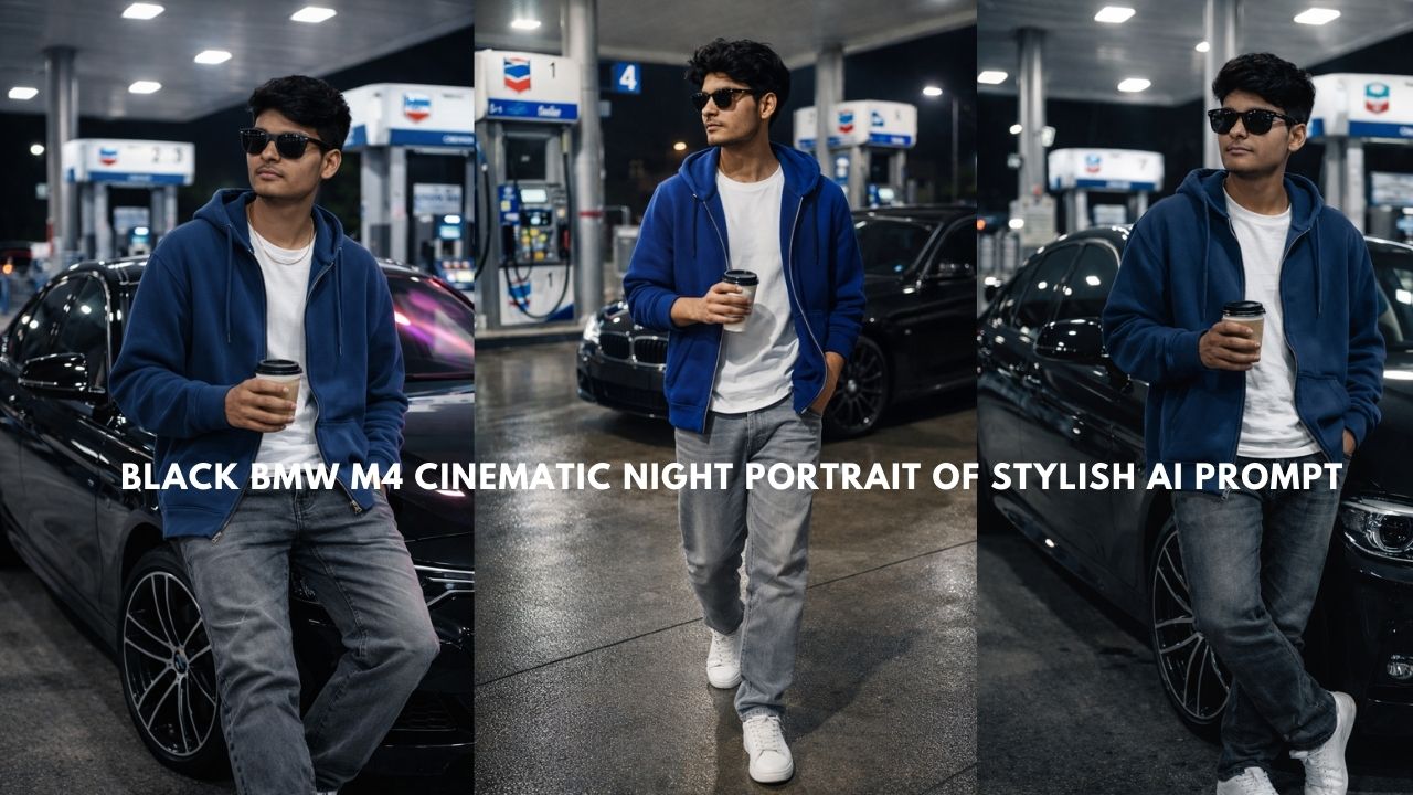 Black BMW M4 Cinematic Night Portrait of Stylish AI Prompt