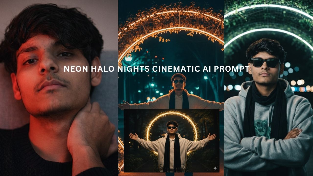 Neon Halo Nights Cinematic Ai Prompt, Teal-Green Portrait Under Glowing Archways, Neon Arch & Red Light Close-Up Portrait Collection