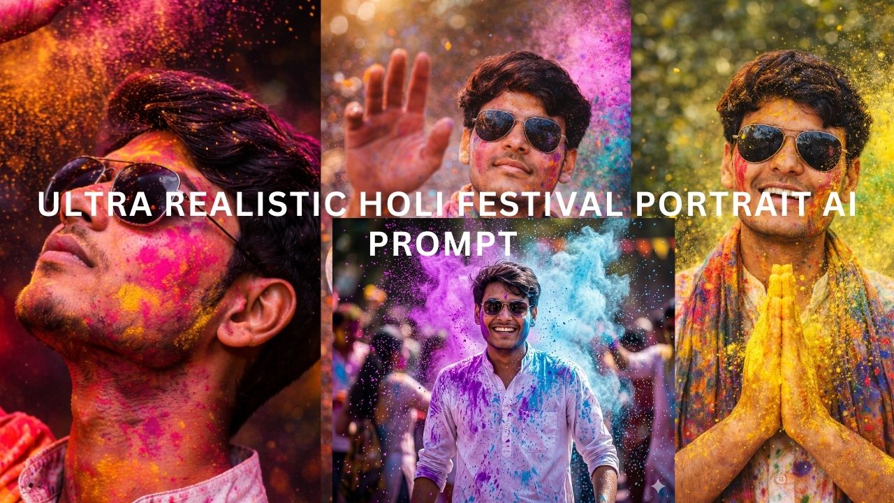 Ultra Realistic Holi Festival Portrait Ai Prompt – Vibrant Gulal Color Explosion Cinematic 8K Photography